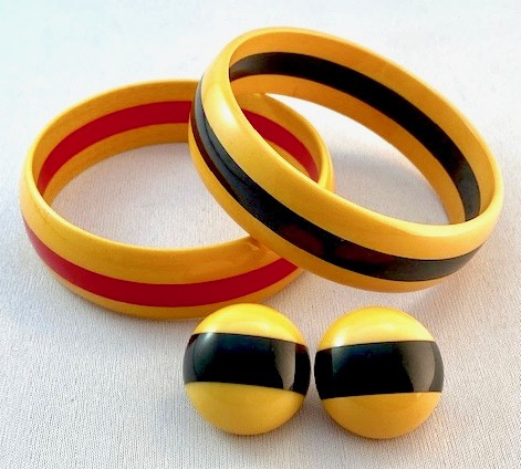 BP303 corn & red or black stripes bakelite bangle, corn/black striped earrings 